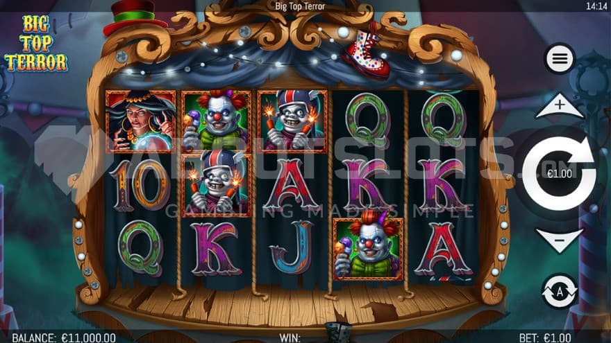 Base game with four clown symbols on the reels.