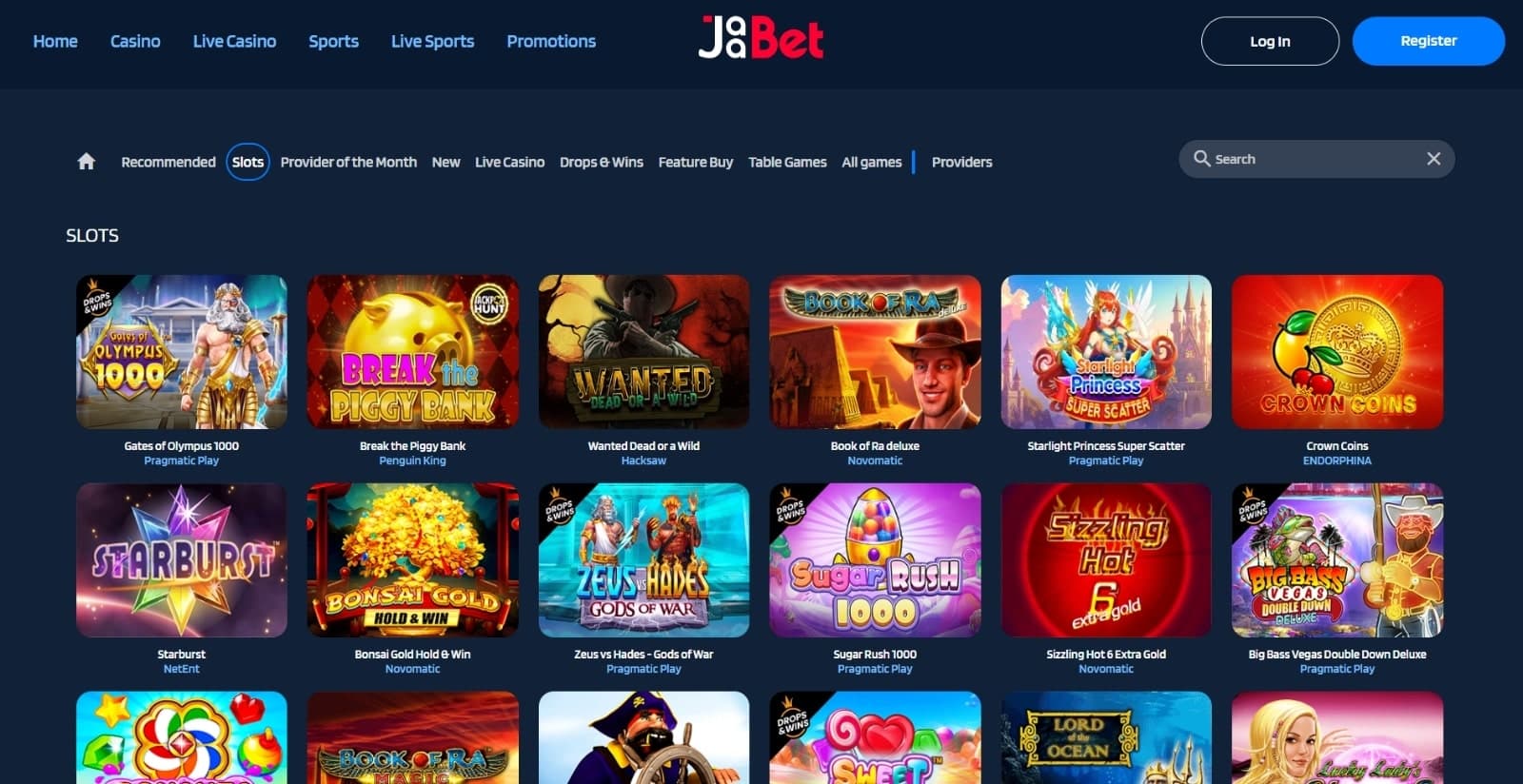 JaaBet Casino's game page featuring slots such as Bonsai Gold and Sugar Rush under the casino game tabs and search bar