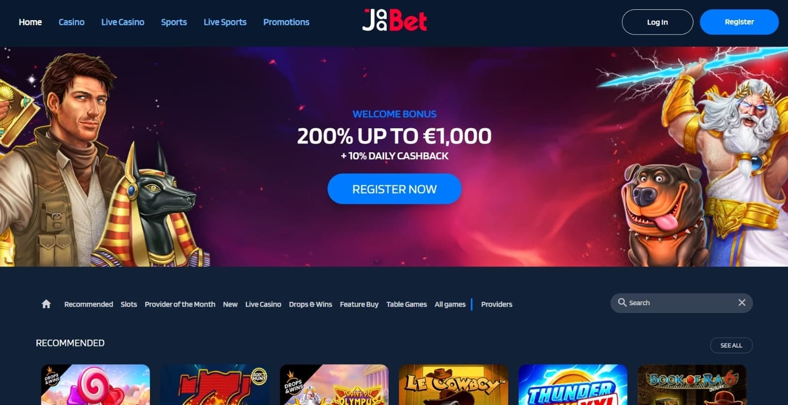 JaaBet Casino's landing page featuring the 200% welcome bonus of 1000 euros banner above game category buttons