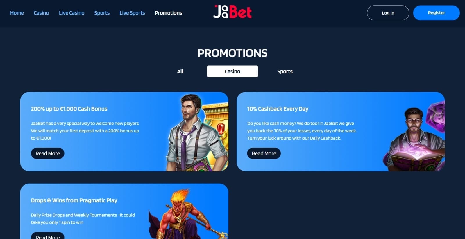 JaaBet Casino's promotions page featuring the welcome offer, daily wins tournament and10%  daily cashback, 