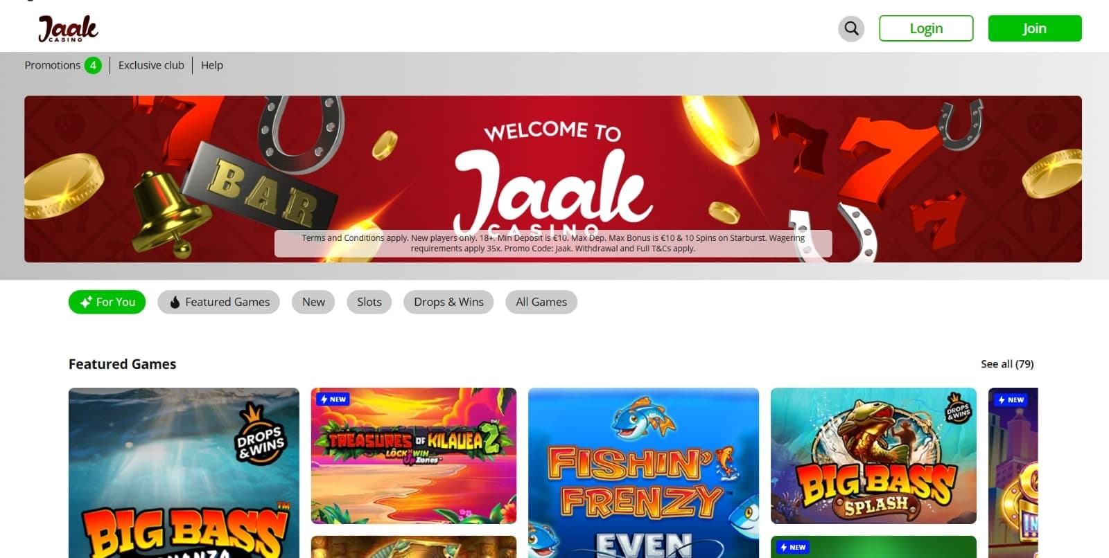 Jaak Casino landing page with the welcome banner and the featured games such as Big Bass Bonanza