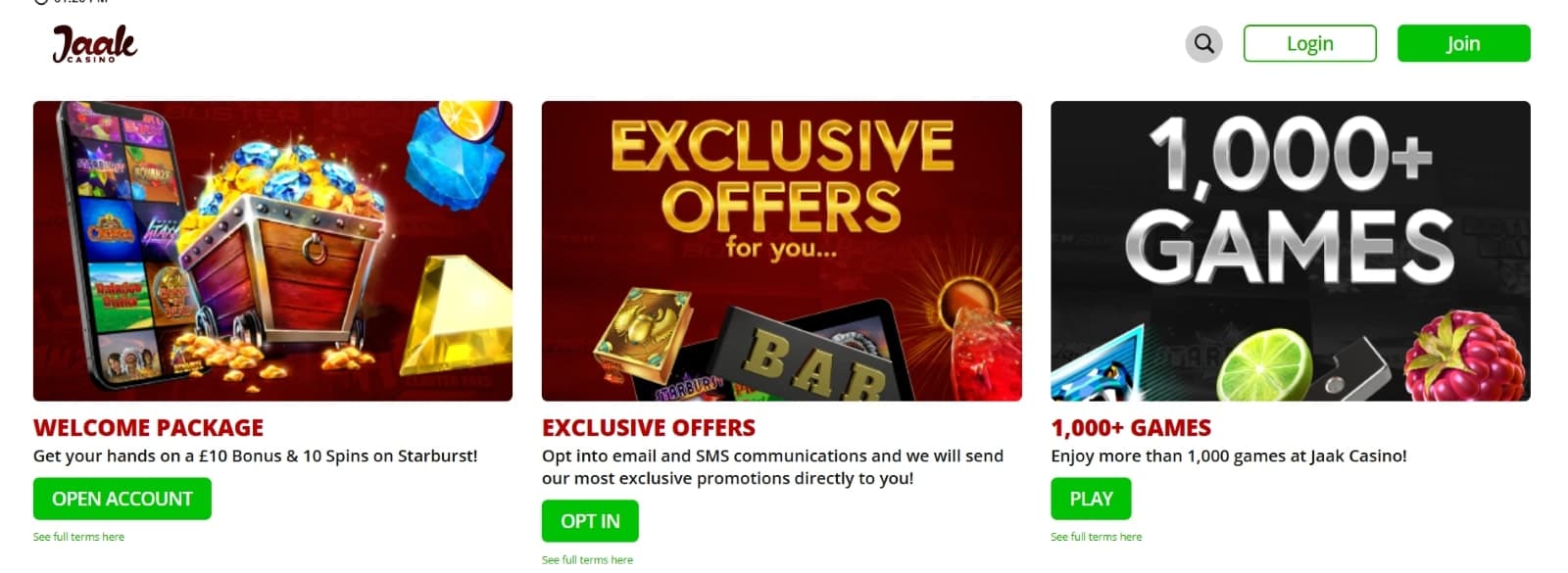 Jaak Casino promotions page listing the welcome bonus of 10 gbp and 10 free spins and exclusive offers