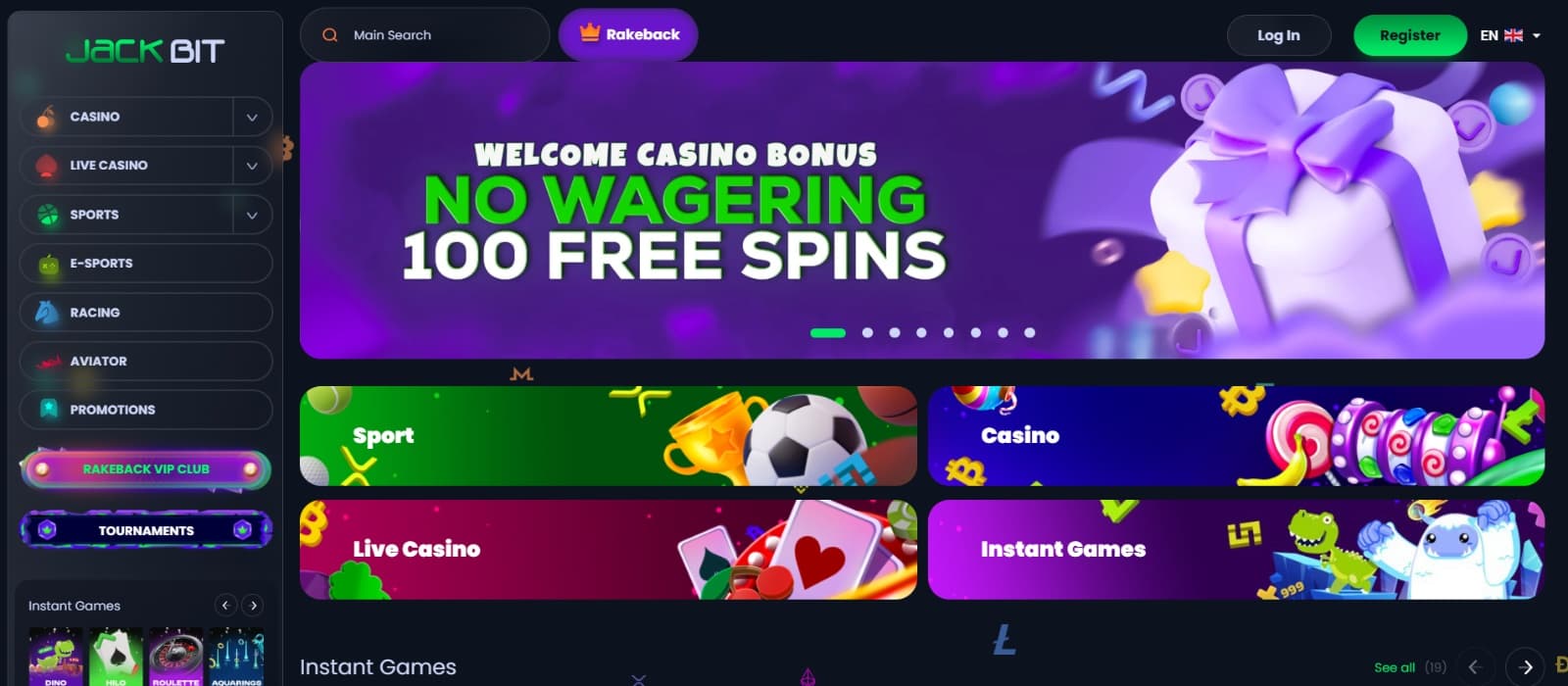 Jackbit Casino landing page with welcome bonus on image with purple gift box 