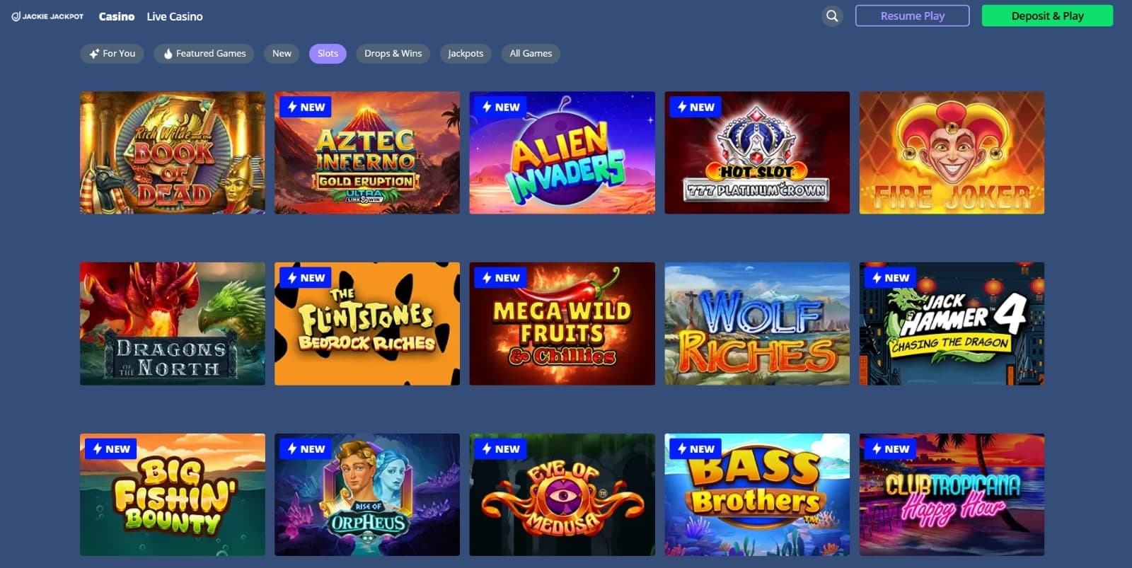 Jackie Jackpot Casino games page featuring slots such as Book of Dead and Fire Joker 