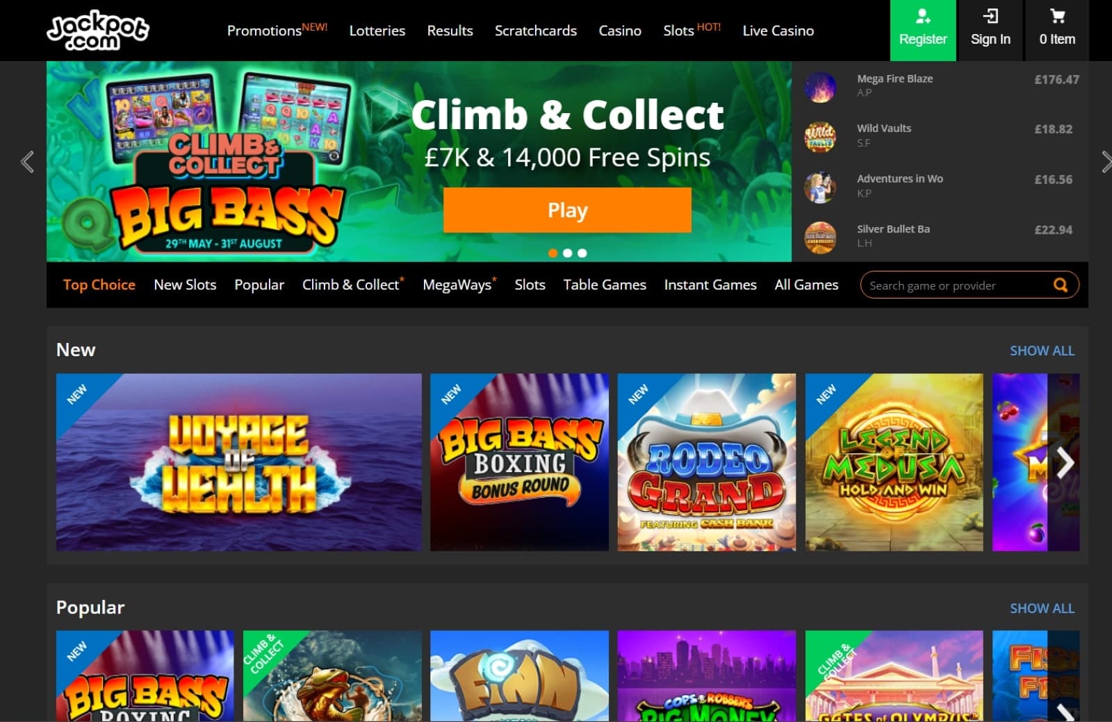 Jackpot.com Casino games page featuring the newest slots such as Rodeo Grand