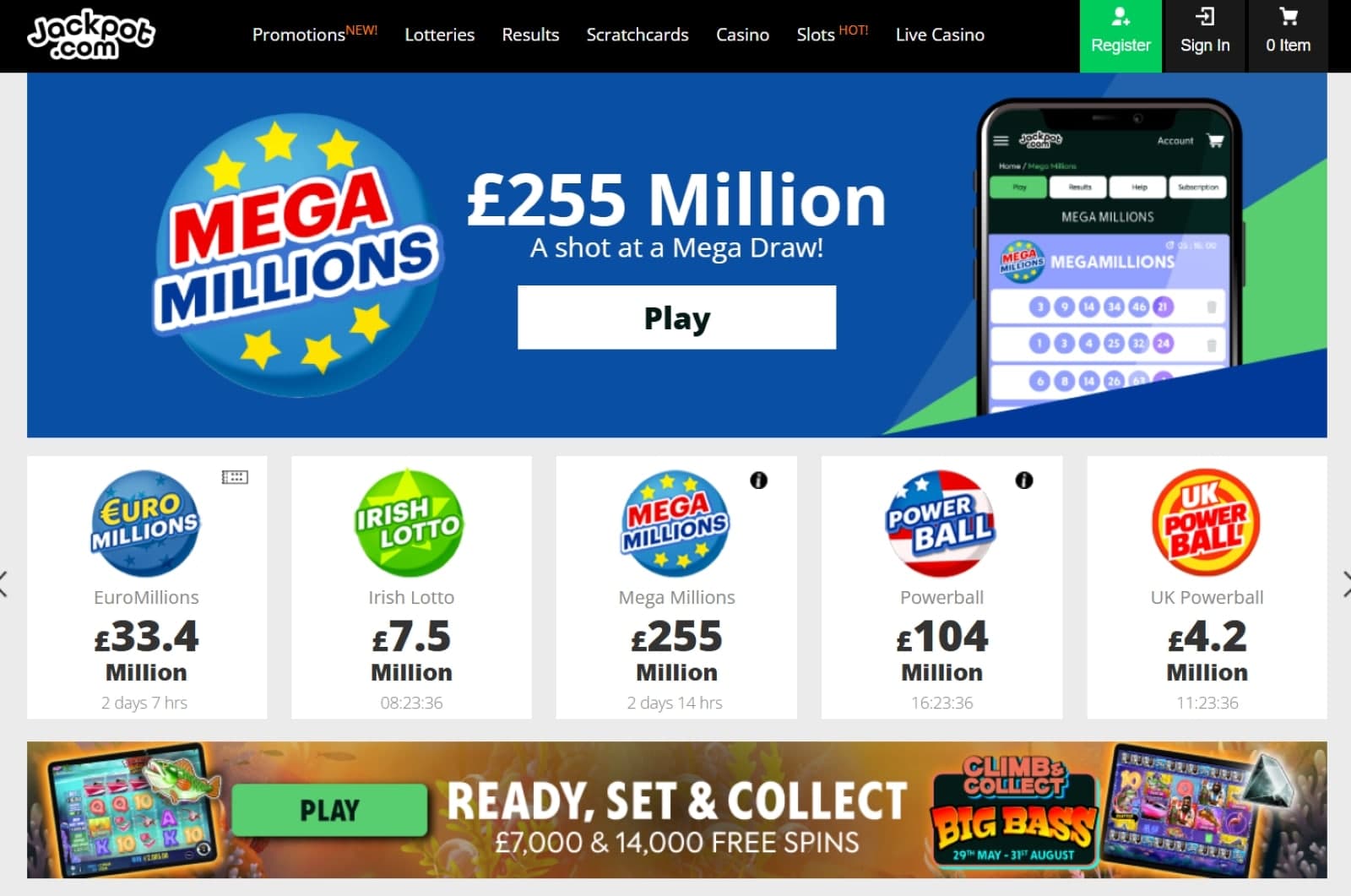 Jackpot.com Casino landing page featuring lottery promotions 