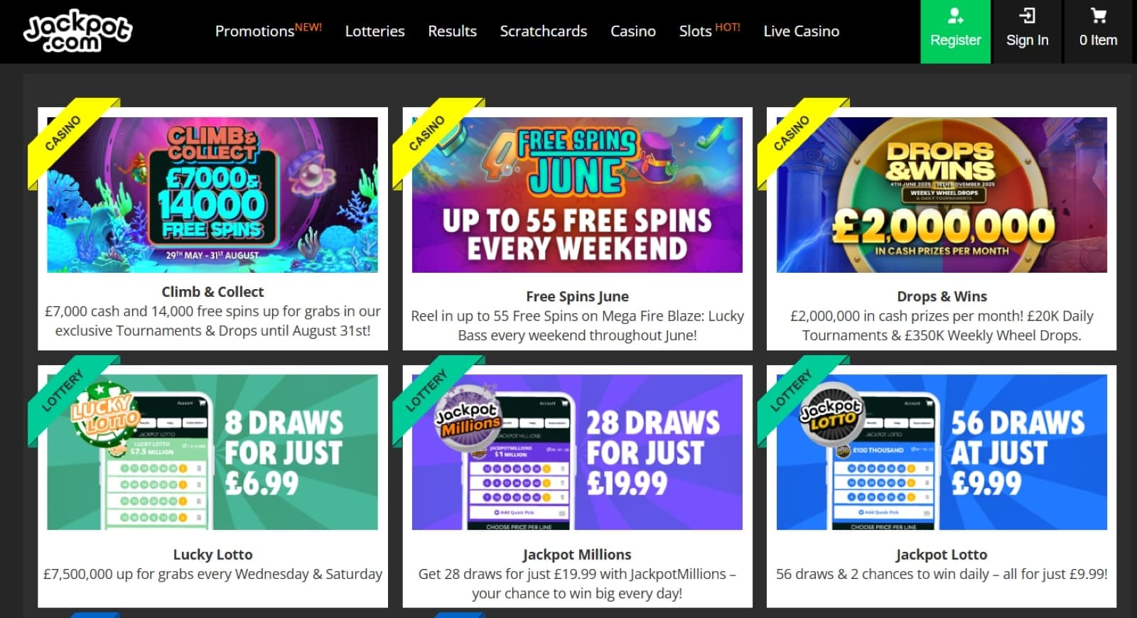 Jackpot.com Casino promotions page with climb and collect free spins and free spins promotions