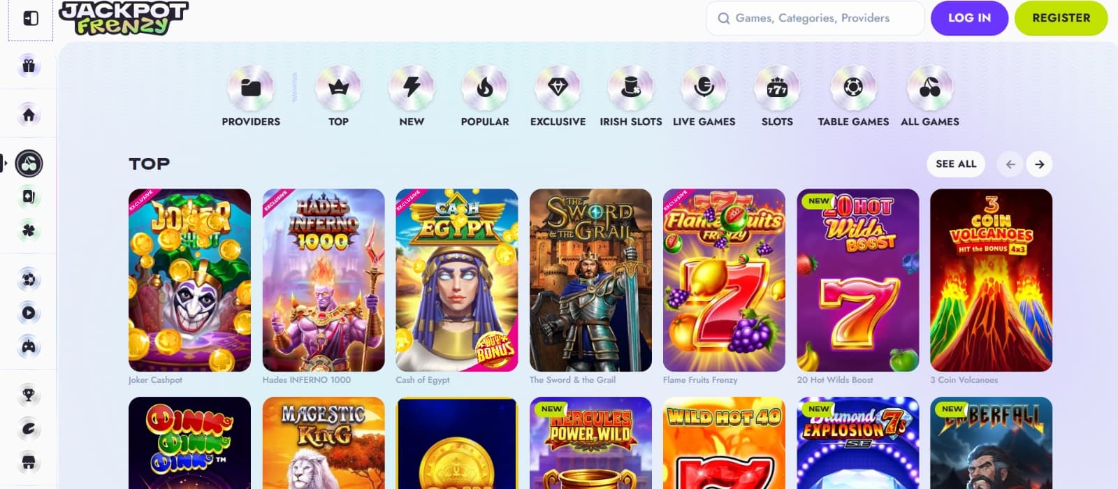 JackpotFrenzy Casino games page with popular slot titles and category tabs