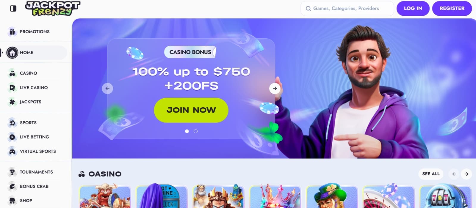 JackpotFrenzy Casino landing page with welcome bonus banner with man in purple hoodie
