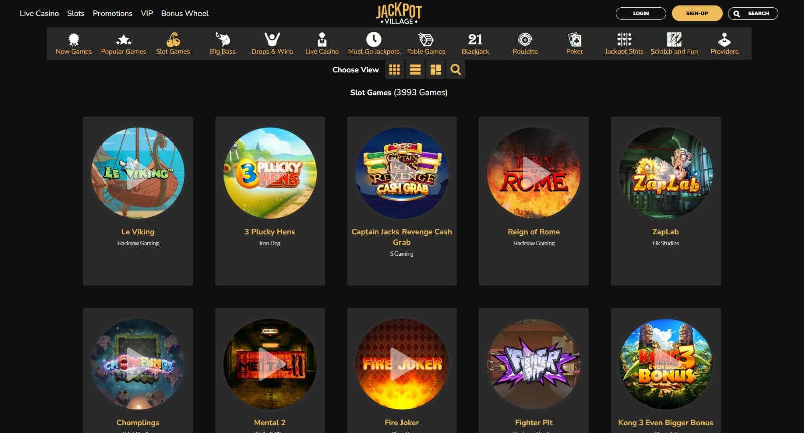 Jackpot Village Casino games page with slot game selection under categories and search option