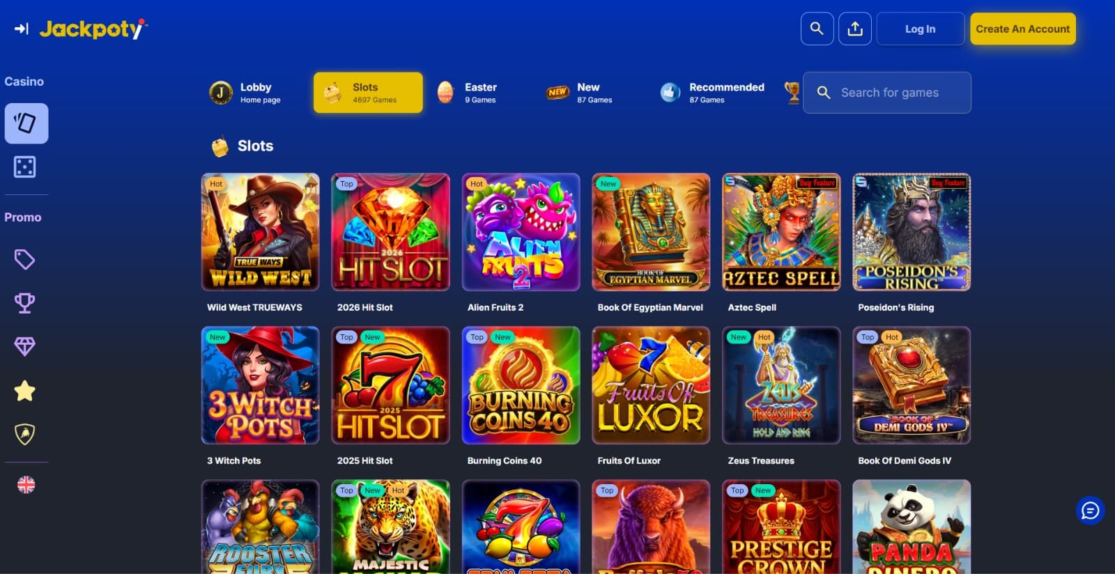 Jackpoty Casino's games page listing slot and table game icons under top categories slider and search button