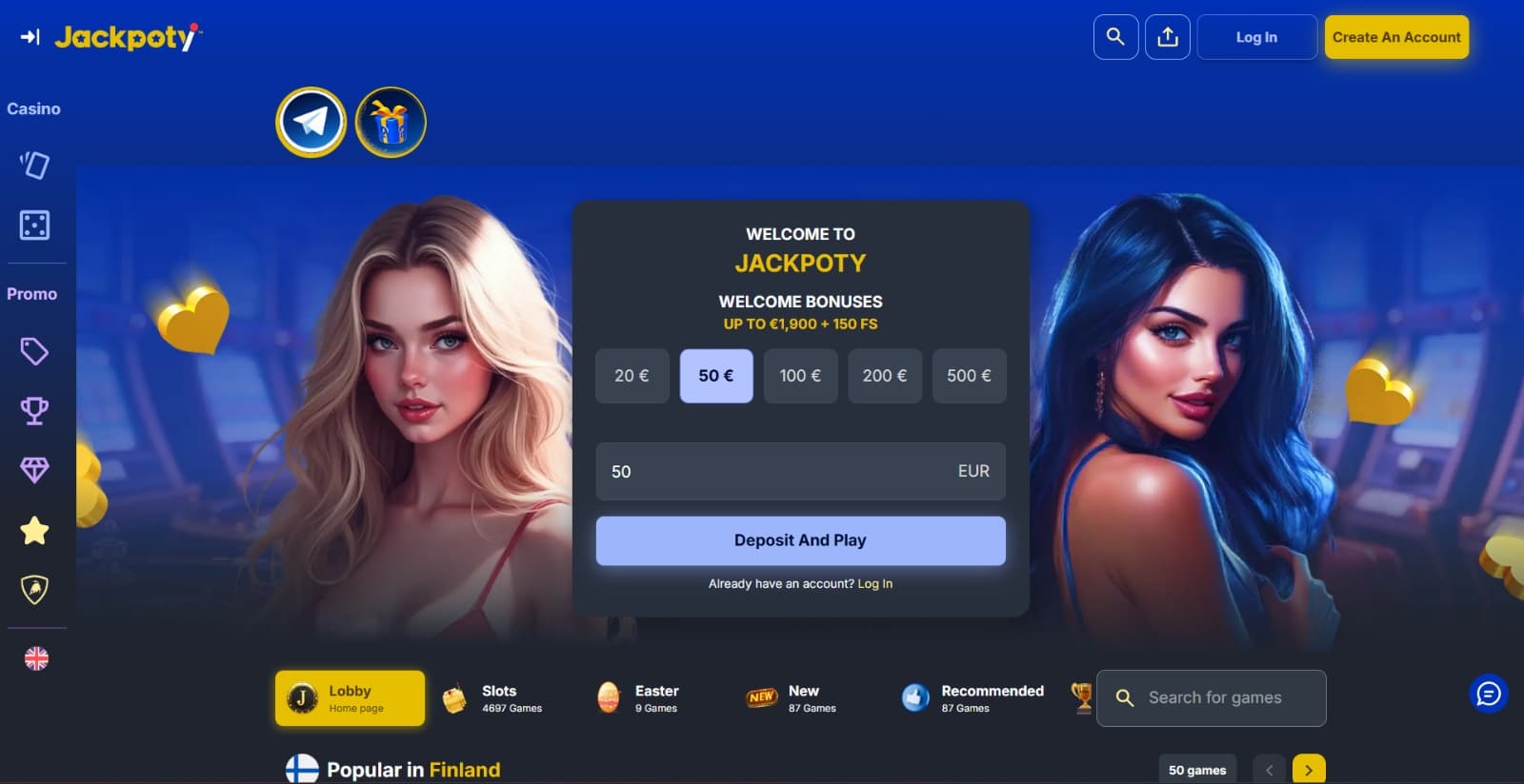 Jackpoty Casino's landing page featuring the deposit and play form,  above lobby categories, latest wins, and featured games