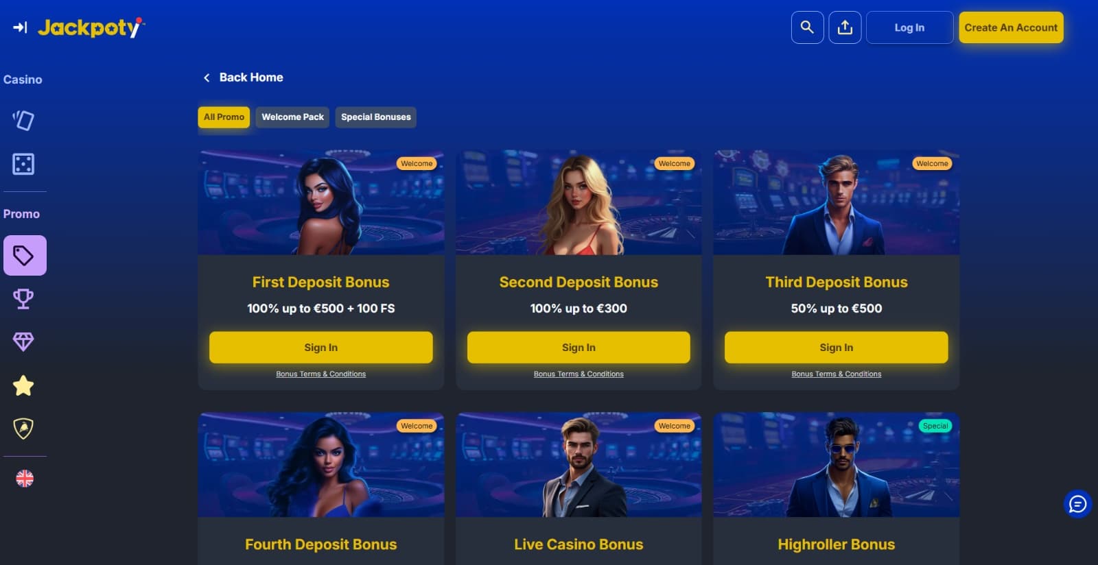 Jackpoty Casino's promotions page featuring the multiple welcome bonuses and special offers next to left side menu