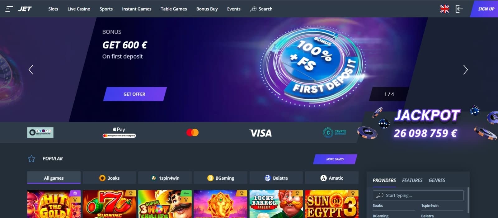 JetCasino landing page featuring the first deposit bonus of 600 euro with the payment and slot lists 