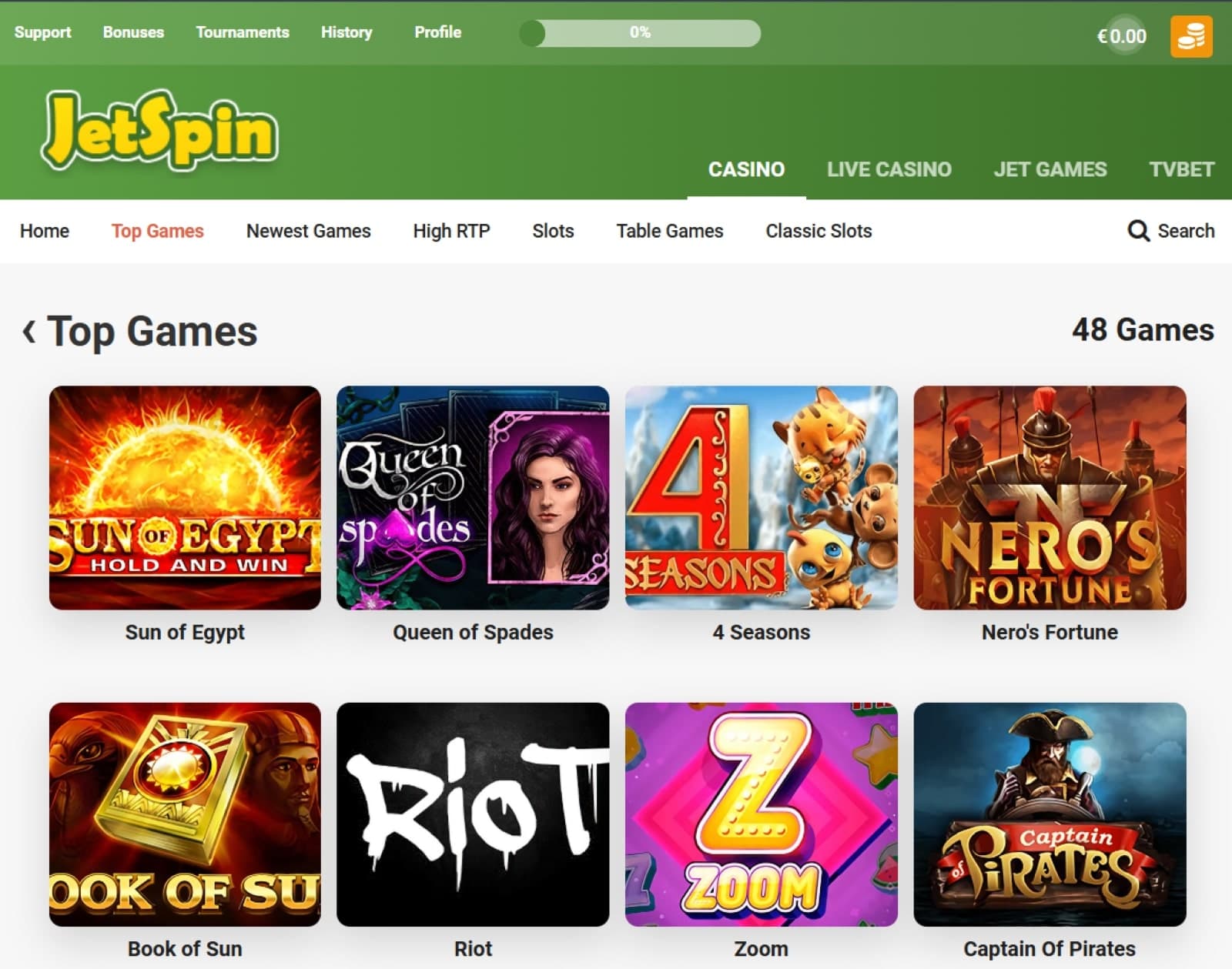 JetSpin Casino games page with top slot games like Sun of Egypt