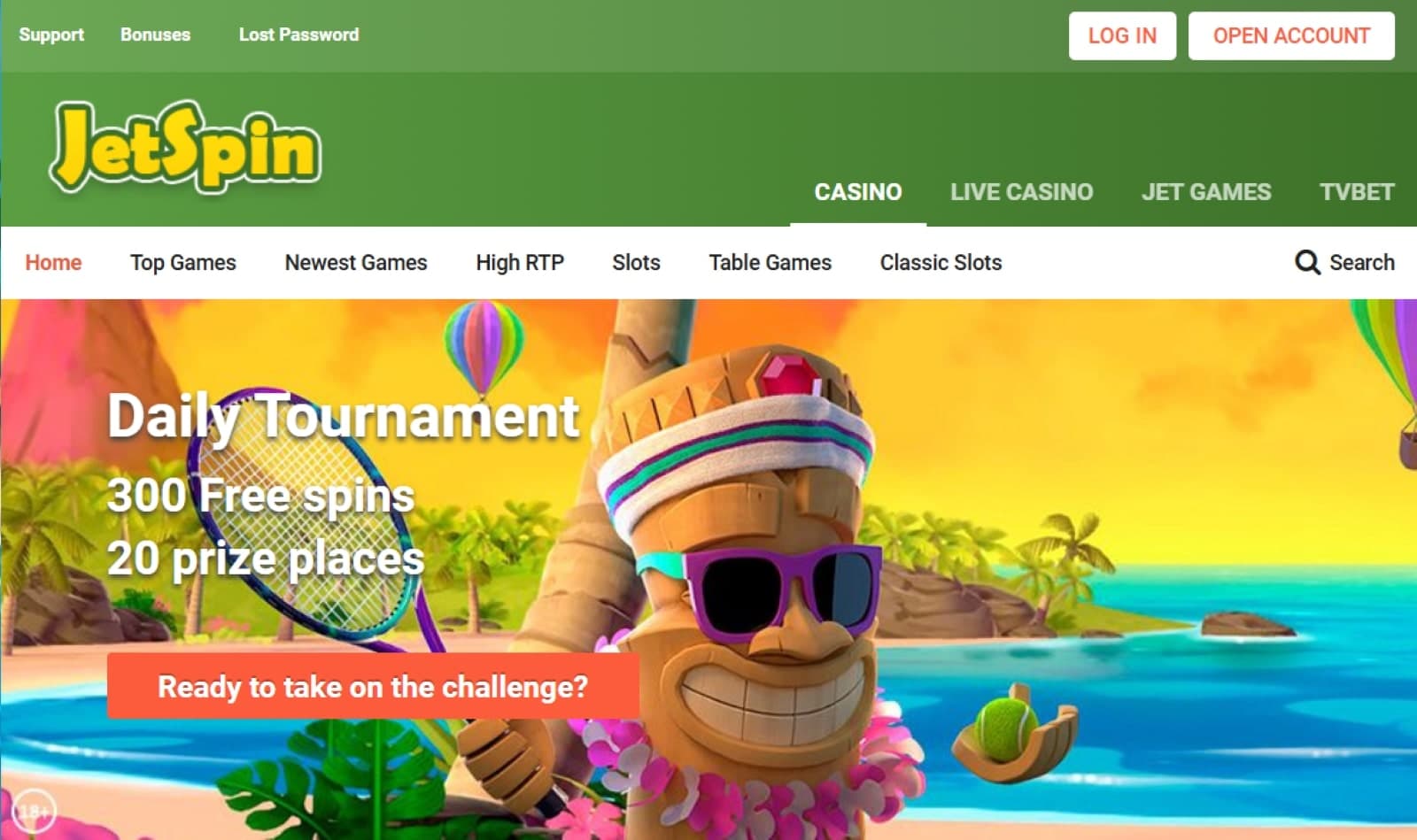 JetSpin Casino landing page with daily tournament promotions banner of tropical image 