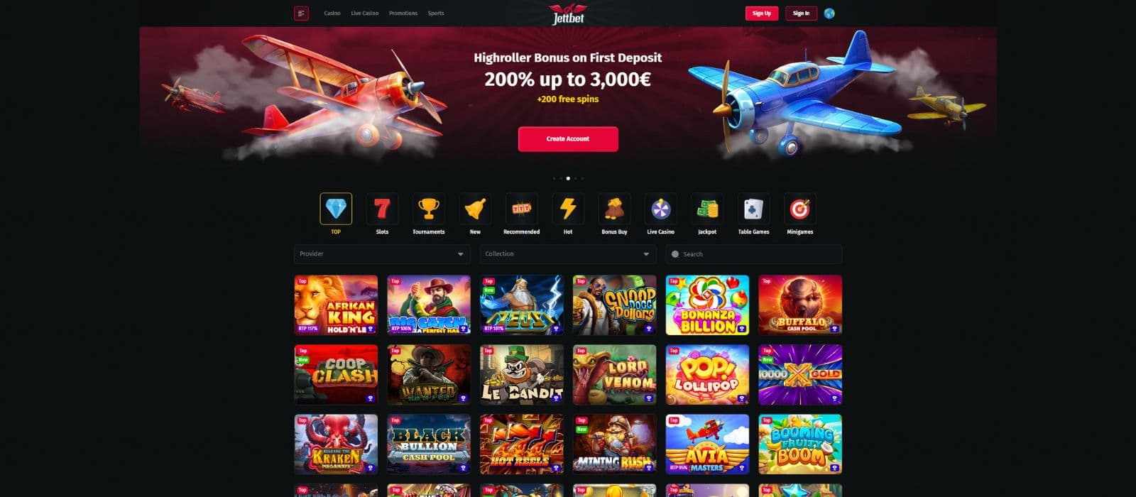 Jettbet landing pagge showing the welcome bonus, slot games and the available game categories
