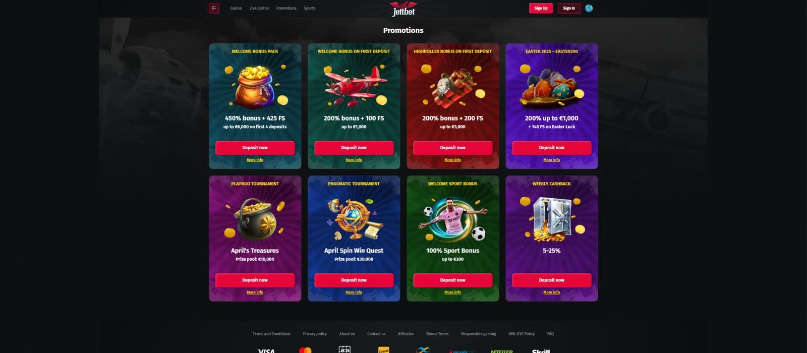 Jettbet promotions page showing the welcome bonus offers and other available promotions