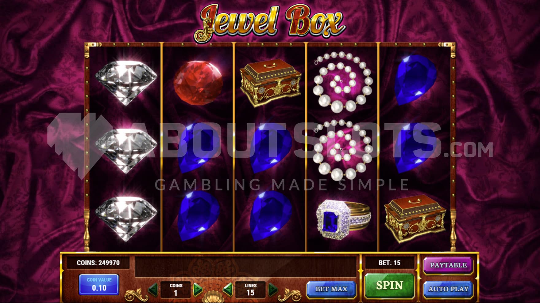 Base Game view of a 5x3 grid on a backdrop of a luxury purple material.