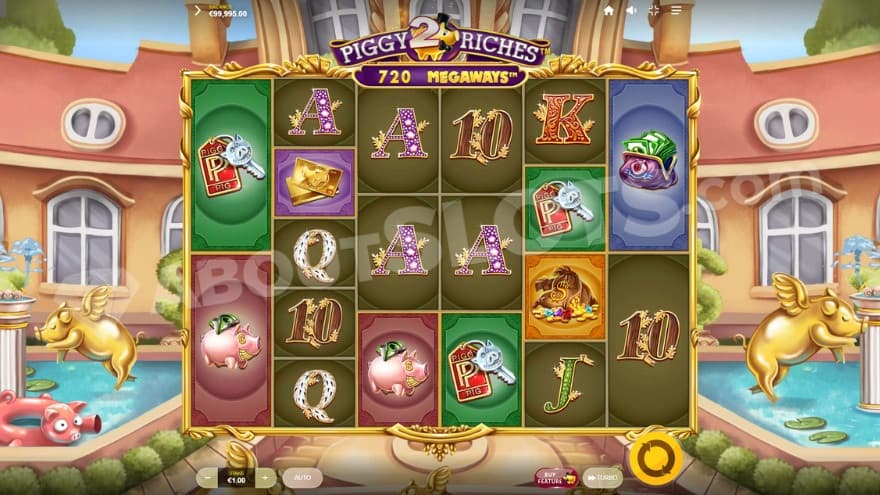 Base game with golden pig statues on the side of the reels.