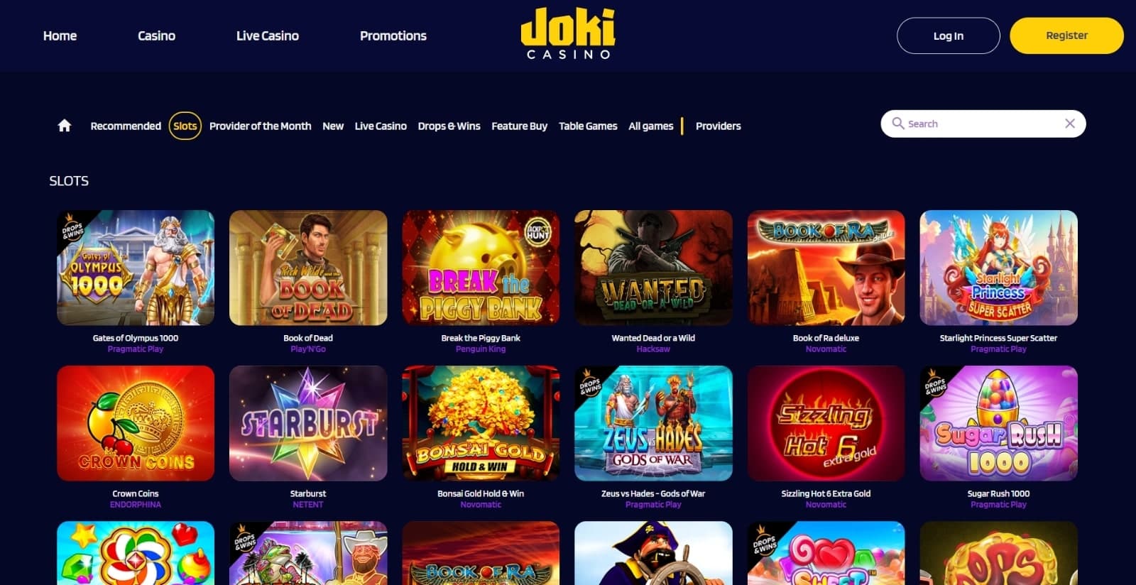 JokiCasino's games page featuring slot titles under game category tabs and search bar