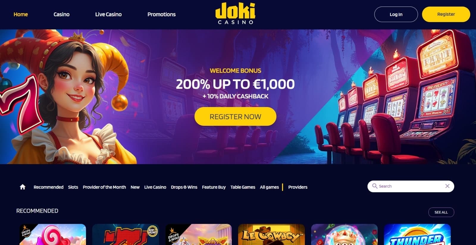 JokiCasino landing page featuring the welcome bonus of 200% up to 1000 euros and 10% daily cashback banner with joker character and slot image above the recommended slots section