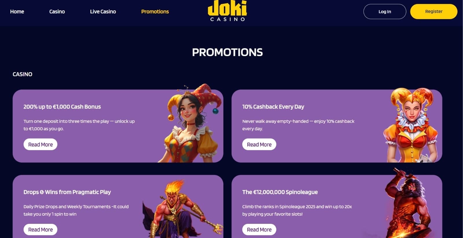 JokiCasino promotions page featuring the welcome bonus, daily cashback, drops and wins, and slot network tournament 