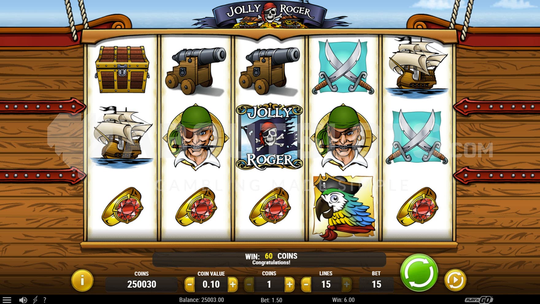 Base Game view of a 5x3 grid on a backdrop of a wooden side of the ship.