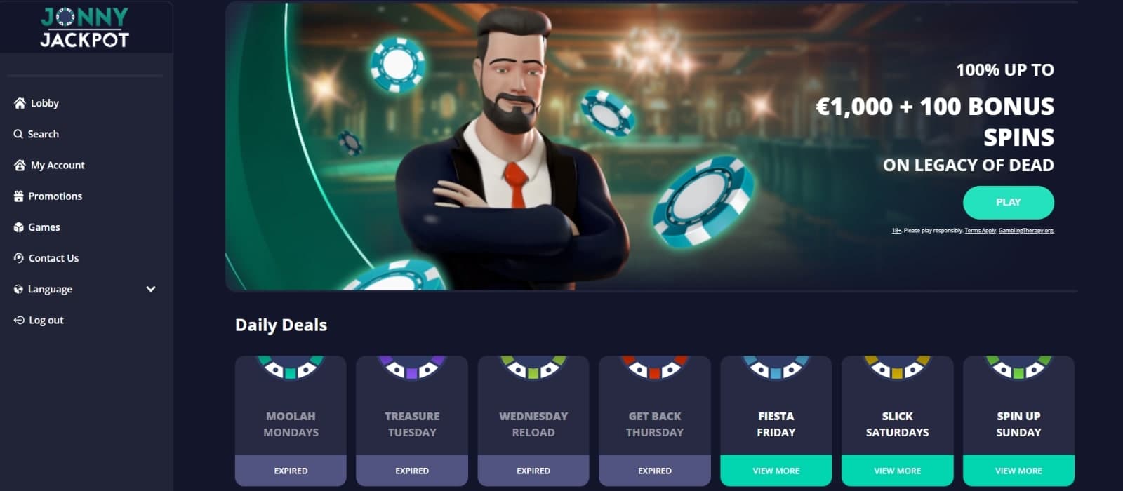 Jonny Jackpot casino promotions page featuring the daily promotions including reloads, cashback and free spins