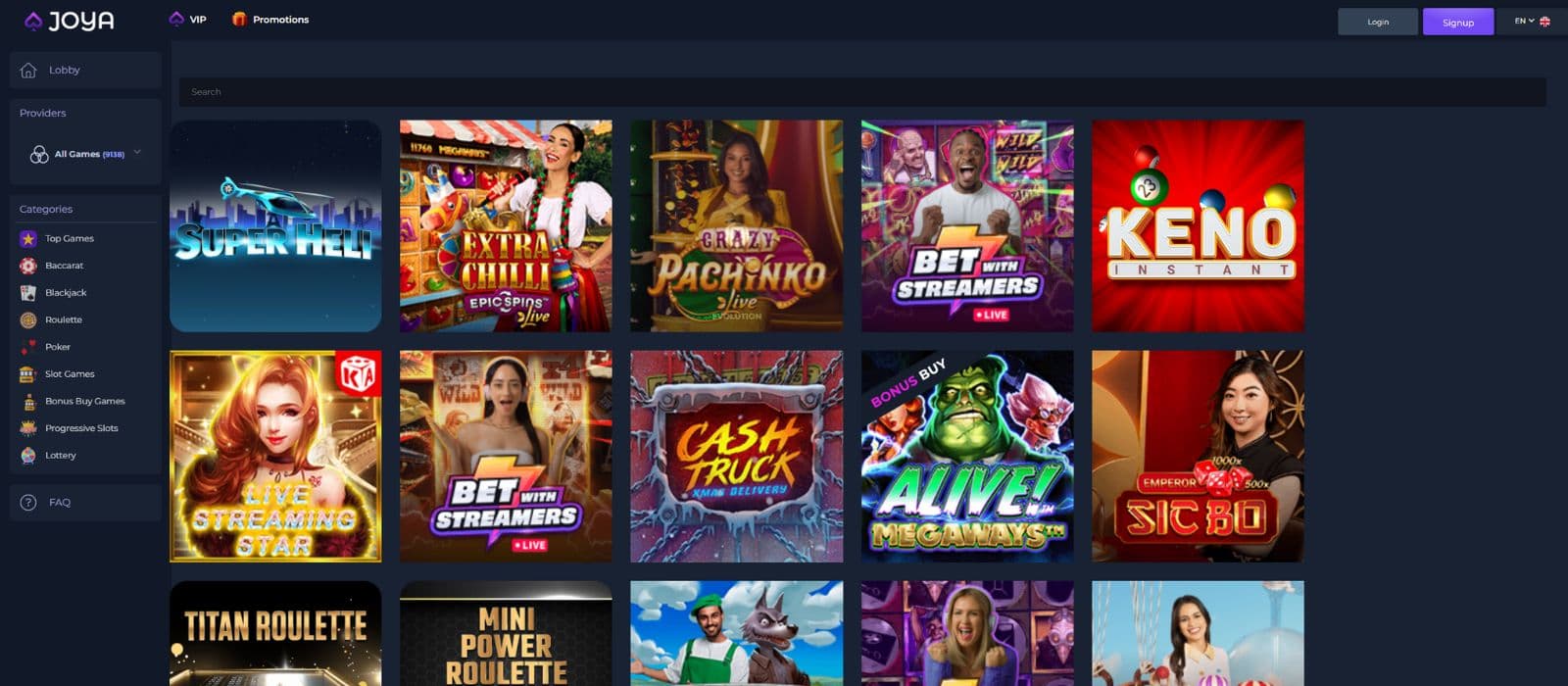 Joya Casino games page showing a selection of slot games and the main menu to the left