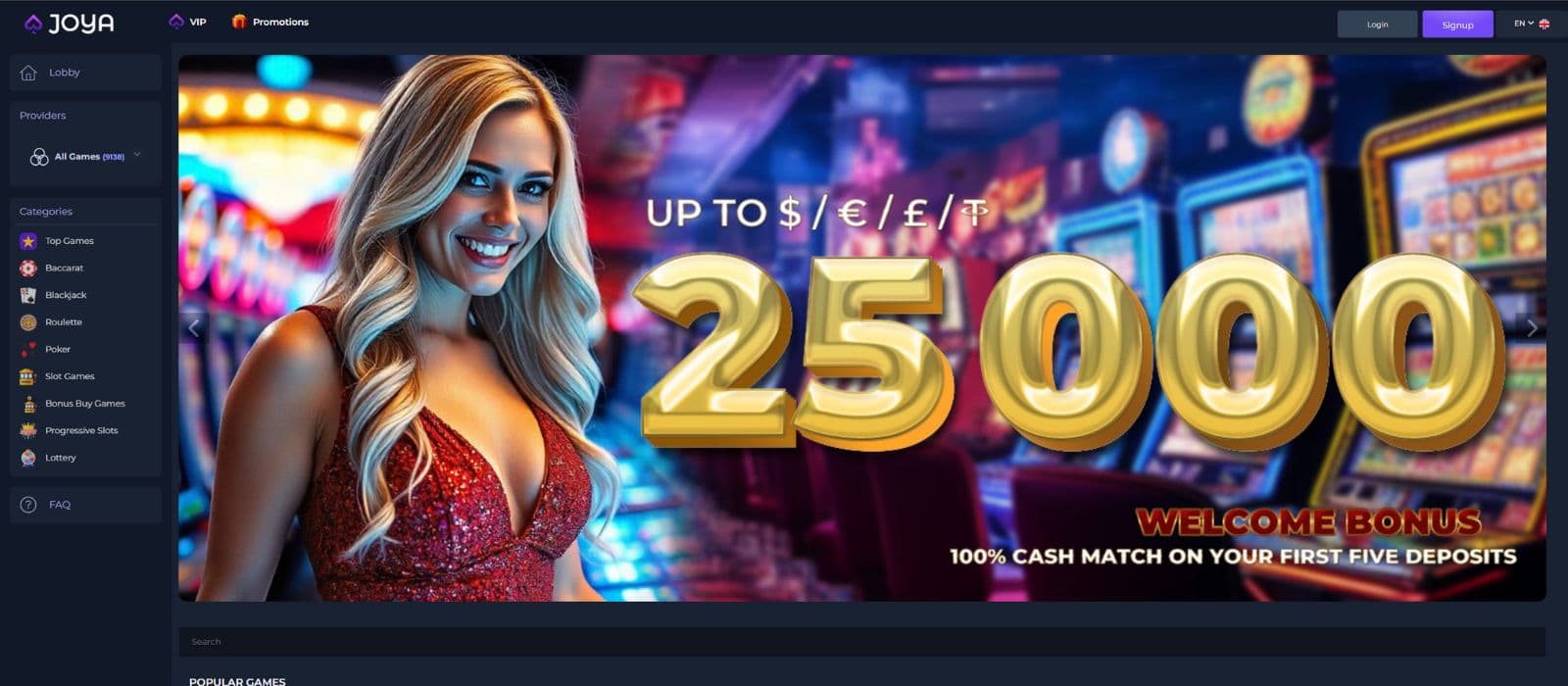Joya Casino landing page showing a banner with the casino welcome bonus and the main menu to the left