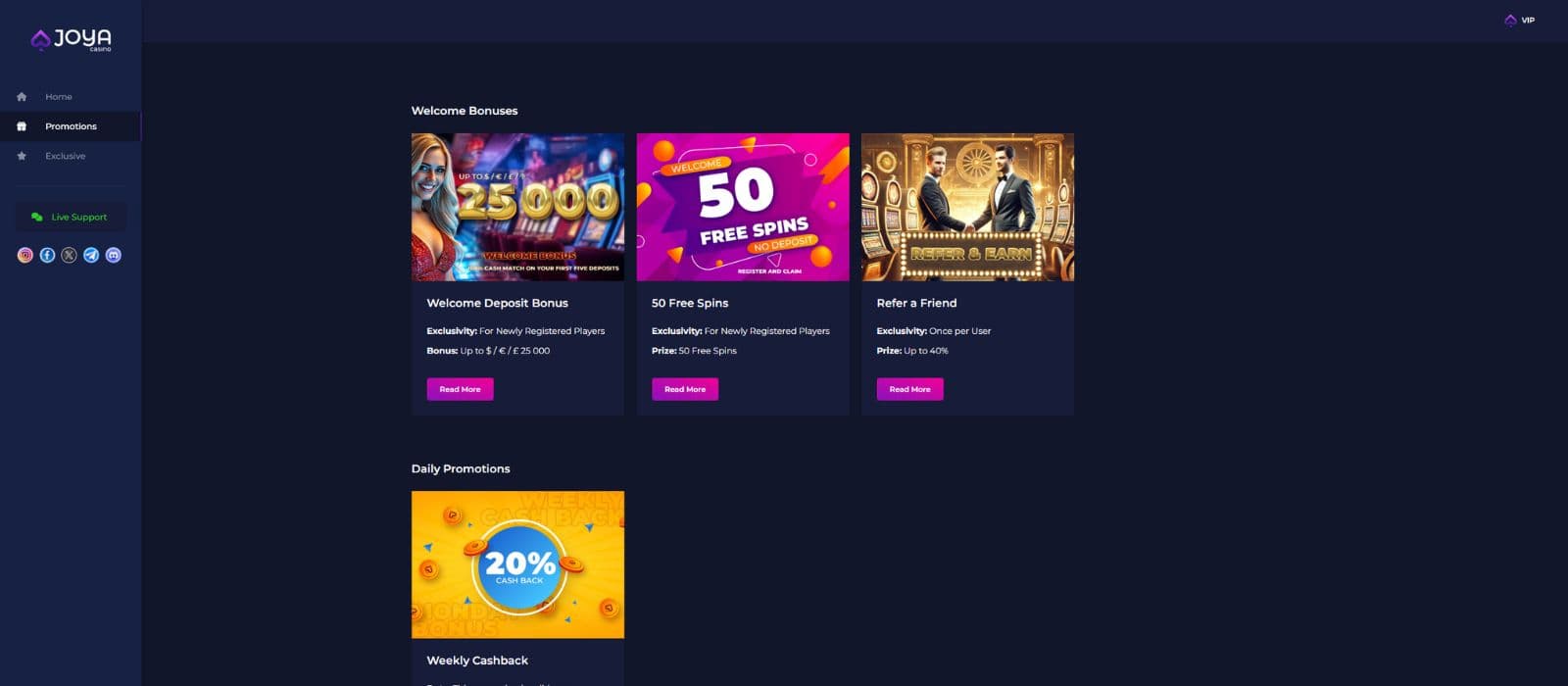Joya Casino promotions page showing the casino welcome bonus and other available promos