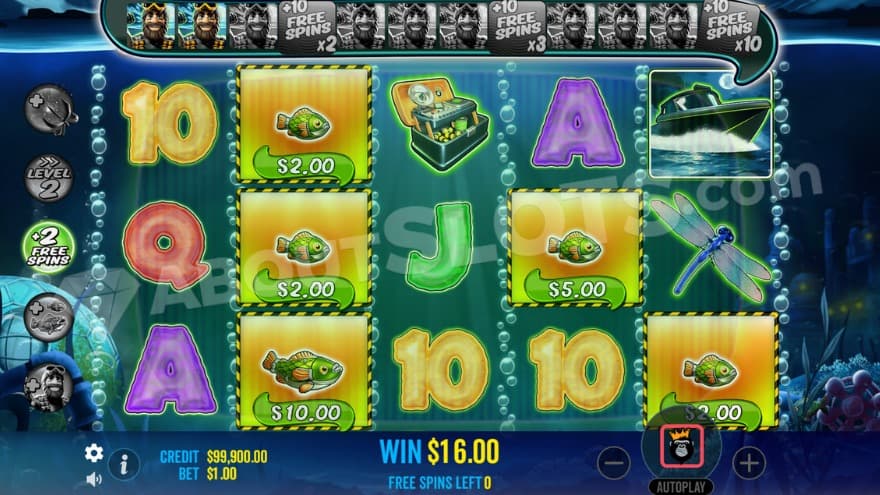 Free Spins bonus game with two collected fisherman symbols above the reels.