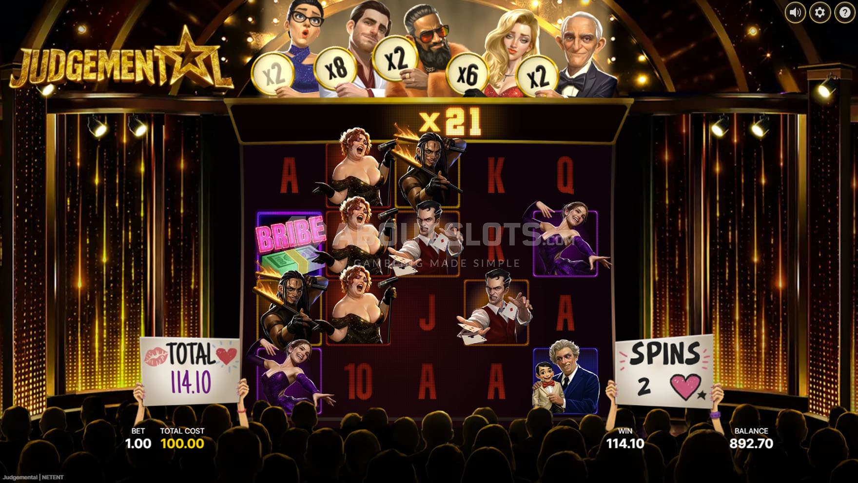 Screenshot of the Free Spins bonus in progress, with all Judges activated and the Bribe symbol scored on reel 1.