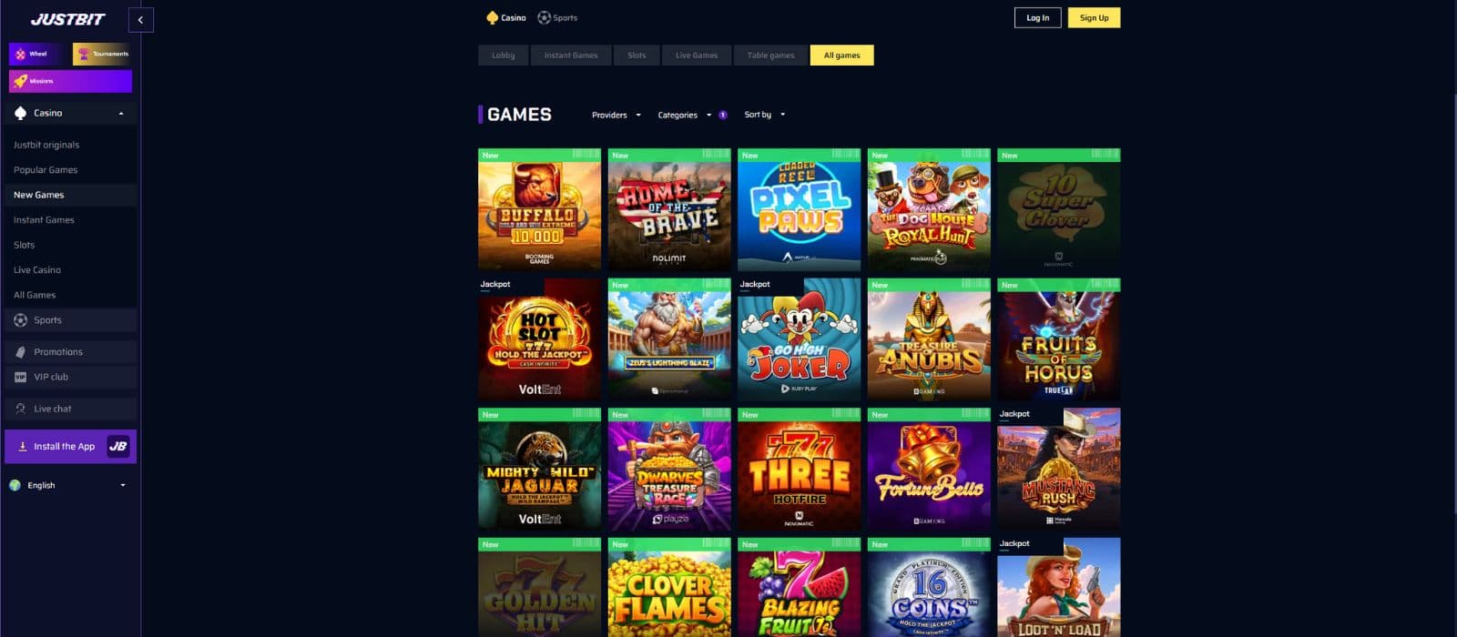 JustBit casino games page showing a selection of slots and the game categories