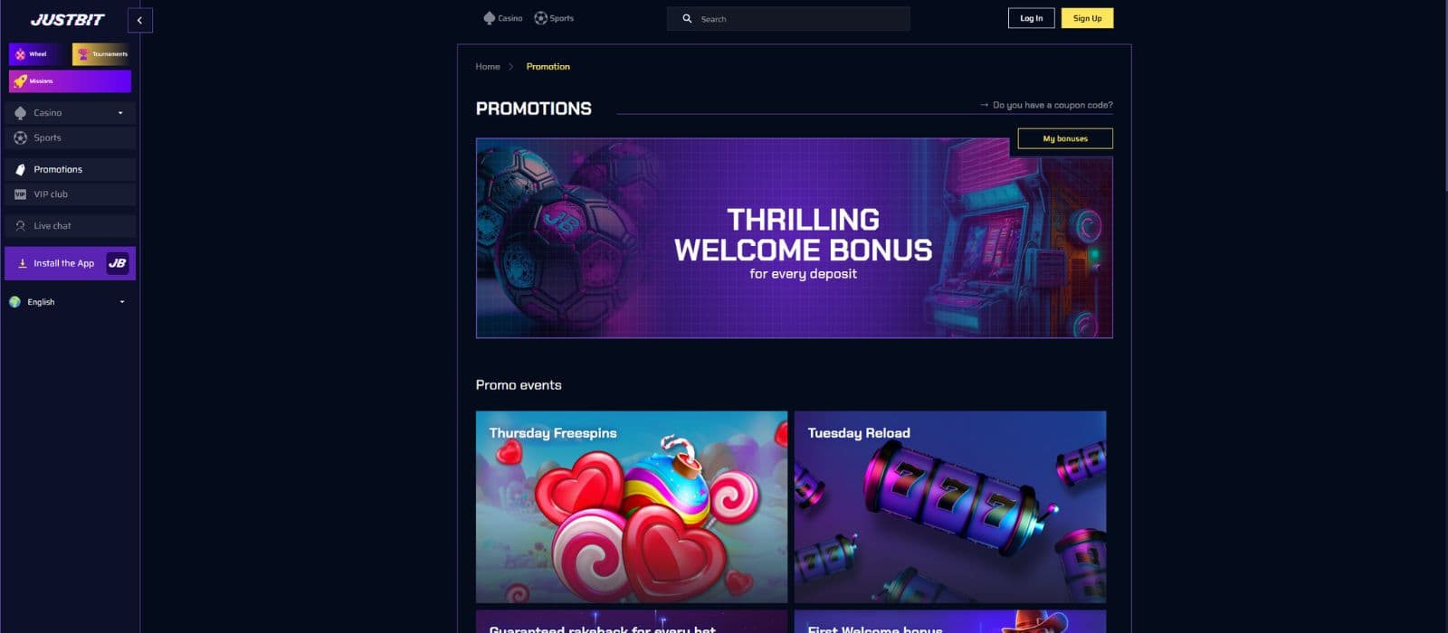 JustBit Casino promotions page showing the available welcome bonus and promotions