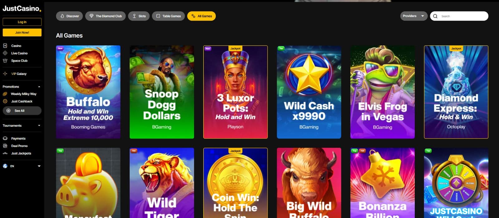 JustCasino games page showing some selected slots and the available game categories. 