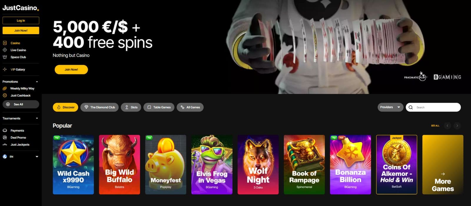 JustCasino landing page showing a few selected games, the welcome offer and the main menu on the left side. 