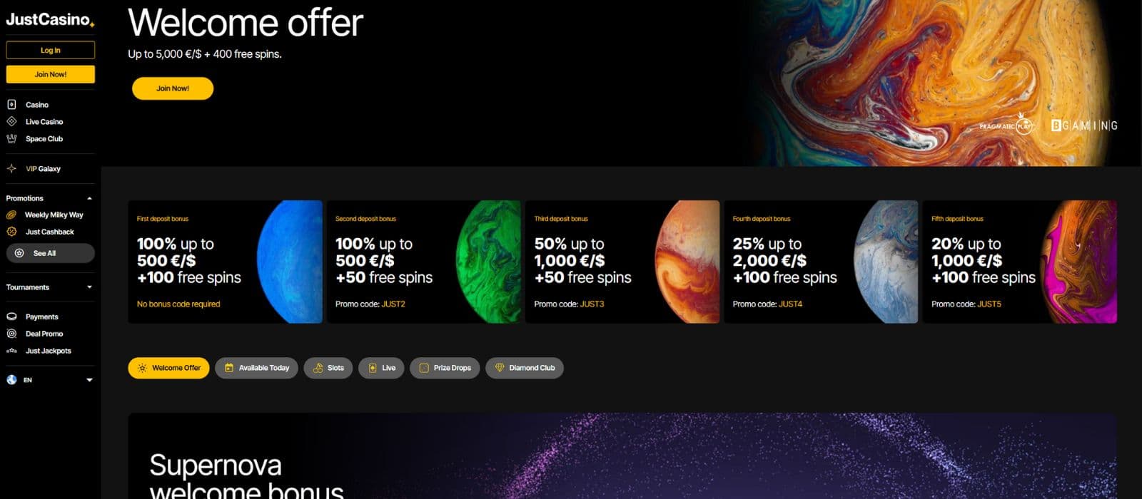 JustCasino promotions page showing the welcome bonus offer and the alternative welcome bonus. 