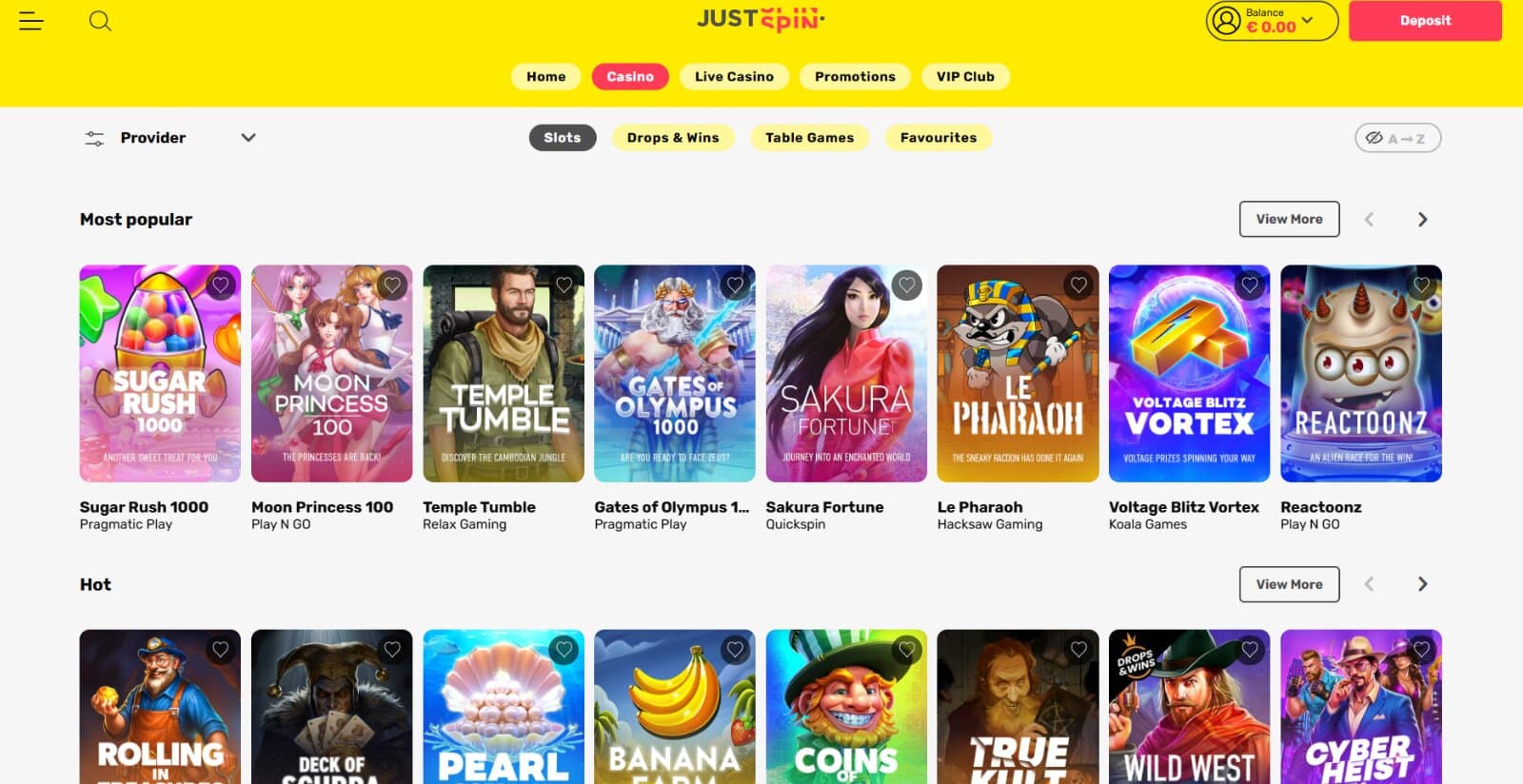 JustSpin Casino's game page featuring the top recommended slots icons and table games under general categories