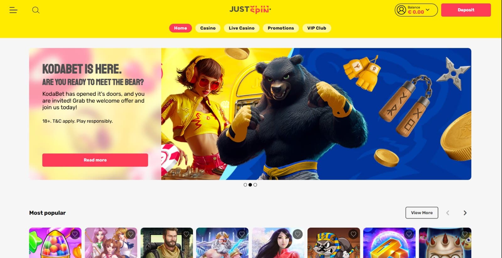JustSpin Casino's landing page featuring the welcome promotion for Kodabet Casino, above slot recommendations