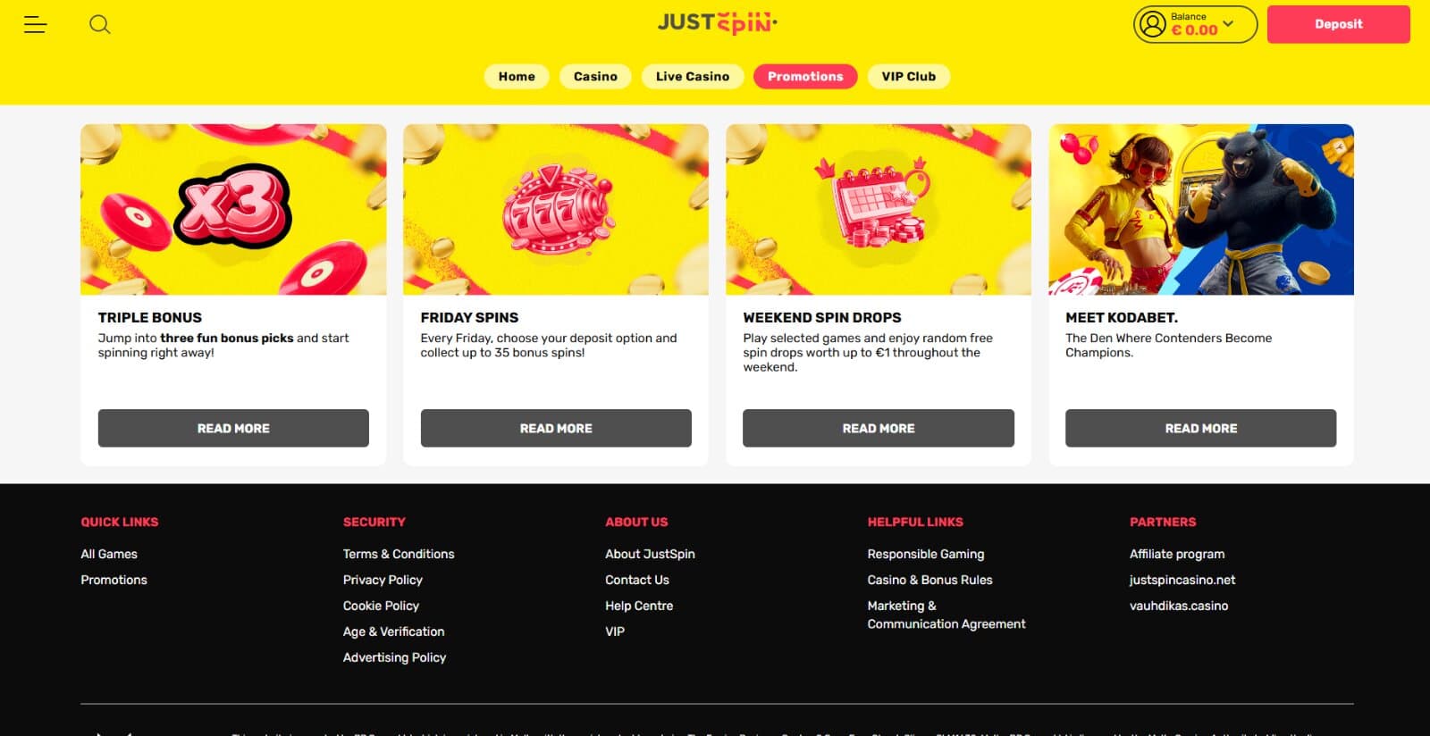 JustSpin Casino's promotions page listing the reload and welcome bonuses with yellow banner images