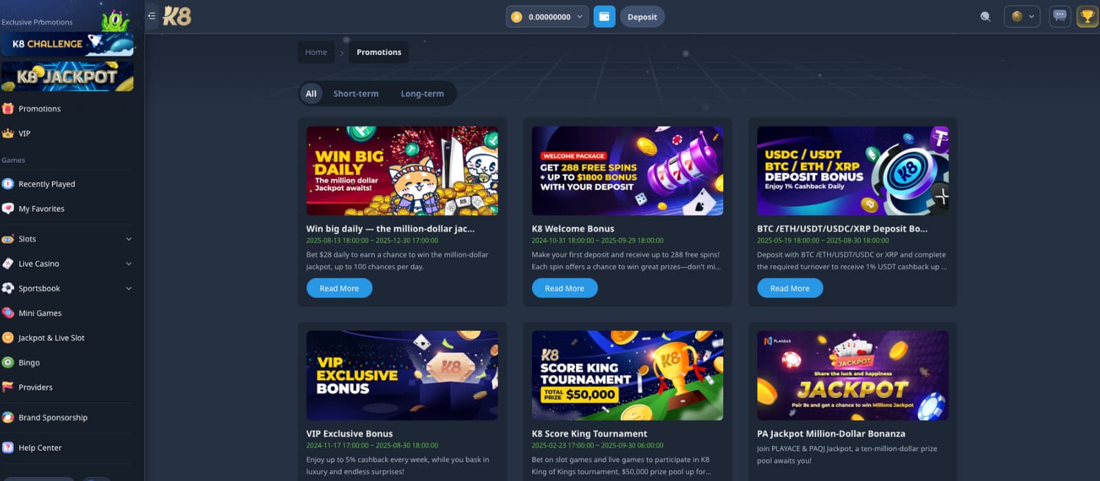 K8.io promotions page highlighting the welcome bonus, VIP rewards, crypto deposit cashback, tournaments, and jackpot offers.