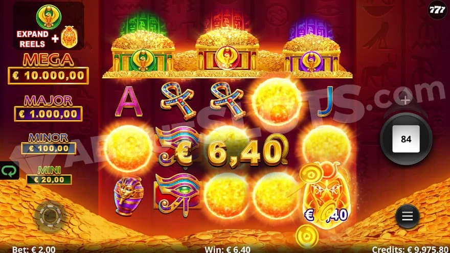 A win of 6.4X the bet with six prize symbols on the reels.