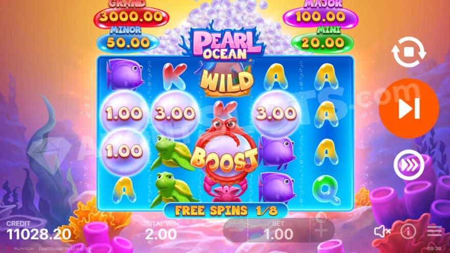Free Spins feature with one Boost symbol on the middle reel.