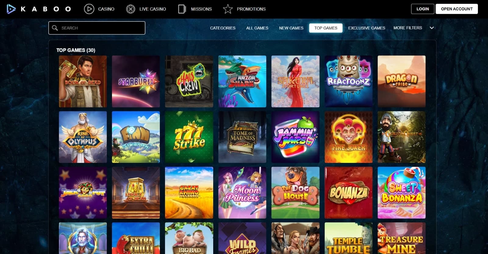 Kaboo Casino games page featuring top slot games such as Book of Dead and Starburst