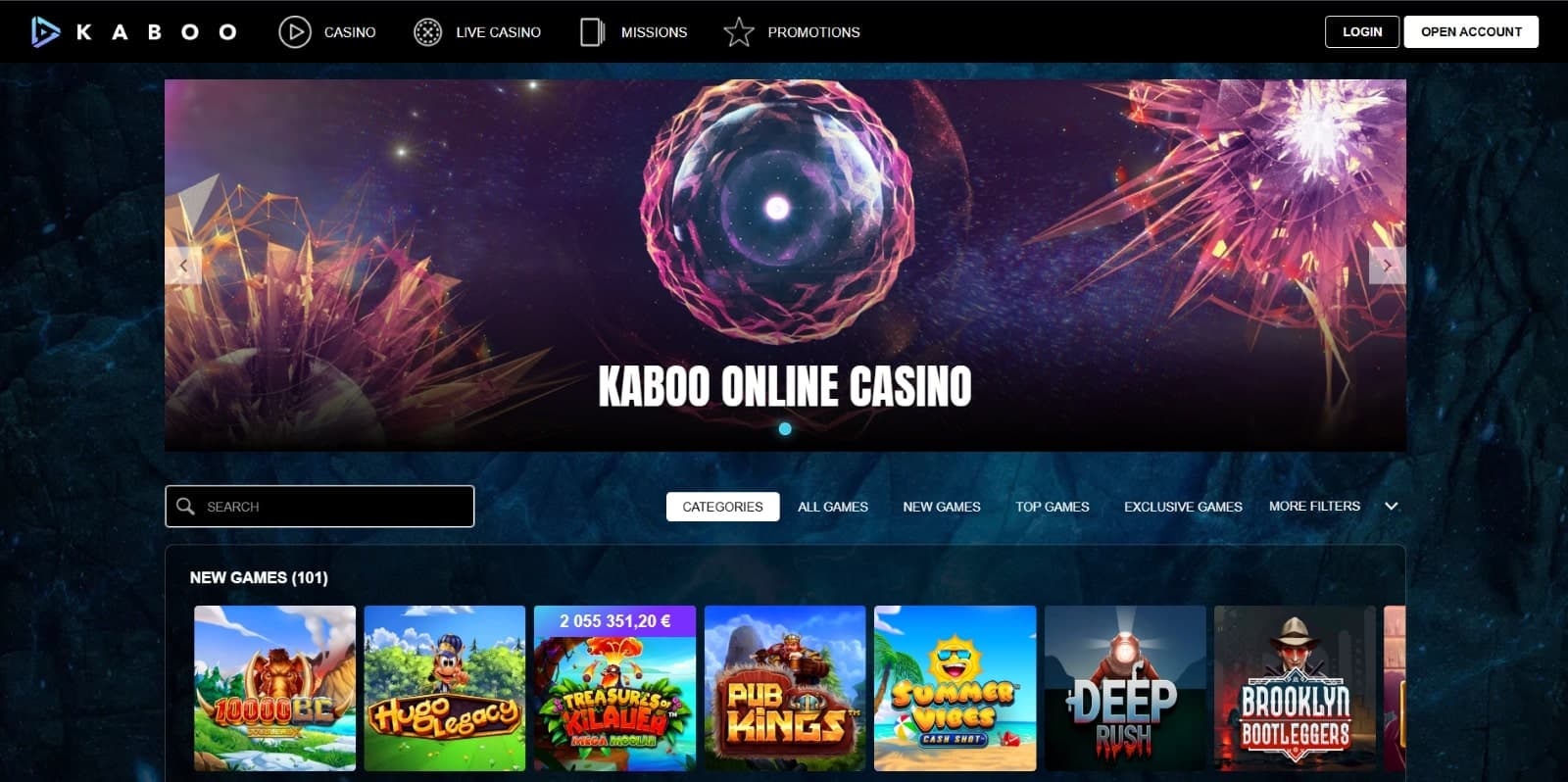 Kaboo Casino landing page with space image banner and new game titles like Hugo Legacy