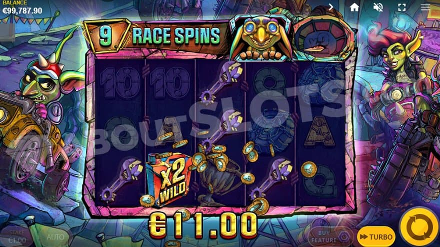 A win in the free spins containing four wrench symbols and a Wild.