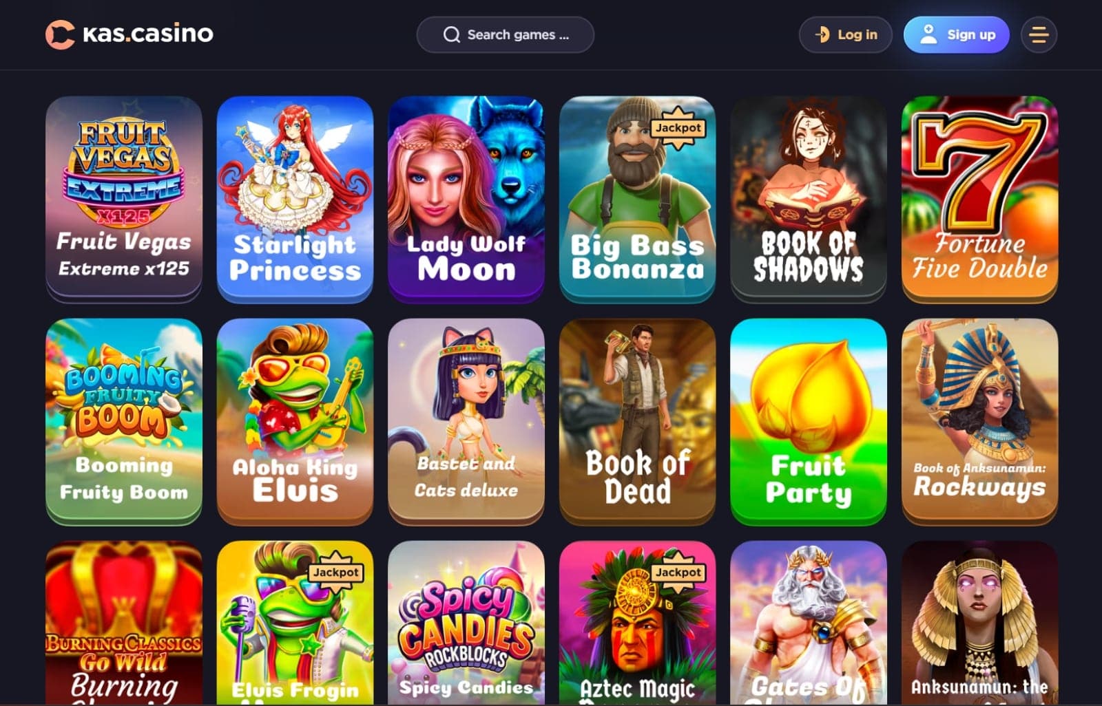 Kas.Casino games page presenting slots like Lady Moon Wolf and Big Bass Bonanza