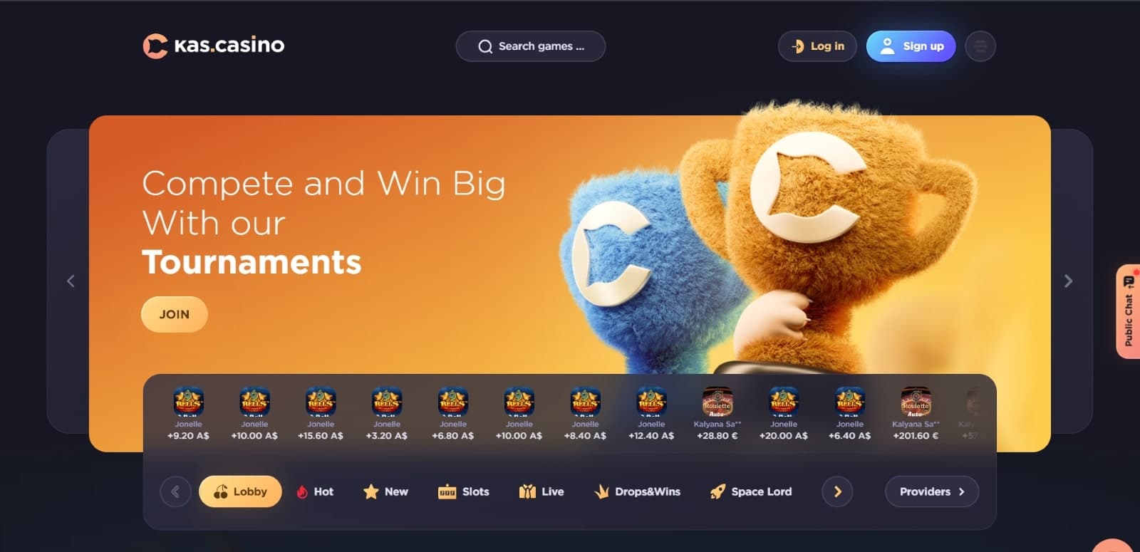 Kas.Casino landing page with promotional image featuring its tournaments 